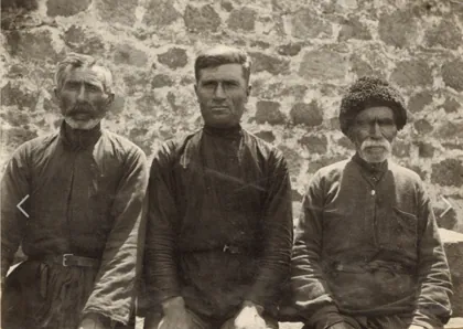 The Armenian ashughs of Dilif village. from left to right; Artash, Aghasi, Avag , 1936