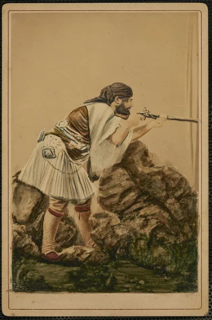 Bearded man in Grecian costume aiming rifle, by P. Moraites & Co., photographies, 1878