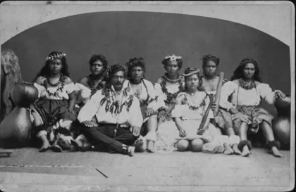 Ioane Ukeke and his hula dancers, photograph by A. A. Montano (a-005), 1876