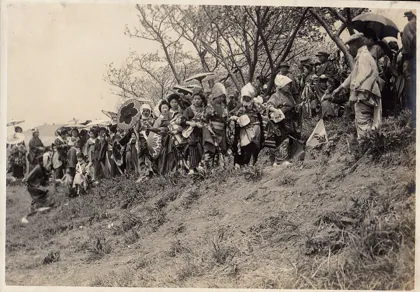 Festival in Japan - parade including shamisen players and kimono women (1914 by , 1914