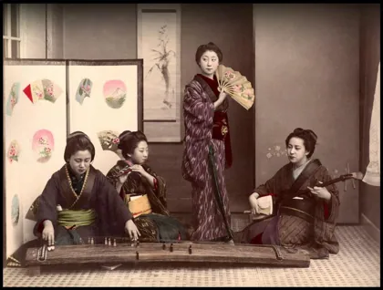 Kusakabe Kimbei - four women making music, 1933