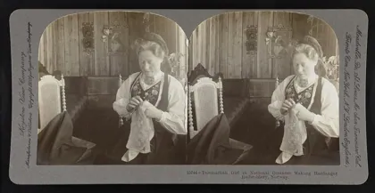 Telemarken girl in national costume making Hardanger embroidery, Norway (LOC), 1906